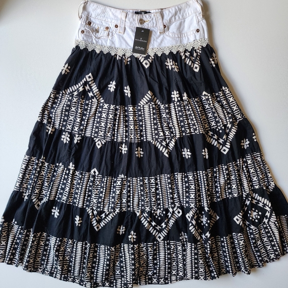 Designer Upcycled Craftman Cotton Denim Authentic Boho Maxi Skirt Shabby Style - Picture 1 of 10